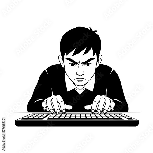 Intense Focus - Man Typing with Determination.