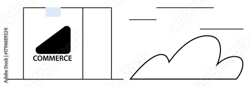 Abstract storefront with commerce text and connected cloud symbol indicating digital commerce, e-commerce, storage. Ideal for retail, cloud computing, online business, marketing, innovation