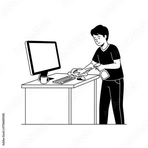 Man Cleaning Desk with Computer and Mug Illustration.