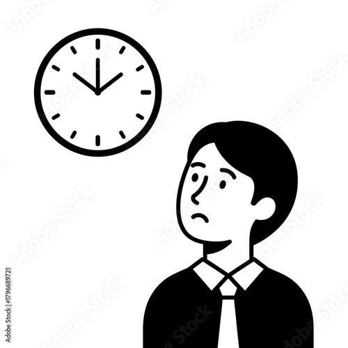 Man looks at the clock, showing time passing, feeling stressed about deadlines.