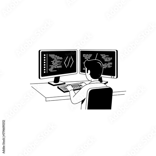 Person coding on dual monitors at a desk.