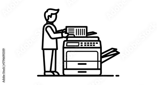 Person operating a large office printer or copier machine.