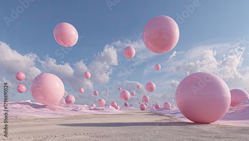 Pink spheres float in a surreal landscape under a cloudy sky