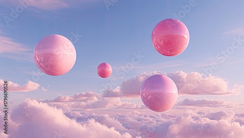 Pink spheres floating above fluffy clouds in a dreamy, pastel sky