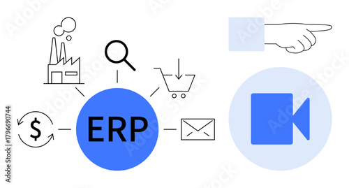 ERP in blue circle connected to factory, dollar, magnifying glass, email, cart visuals. Ideal for business management, data analysis, automation, enterprise processes digital tools optimization