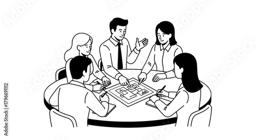 Team members collaborating around a table discussing project plans and strategies.