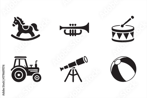 Kids’ playtime vector set featuring musical instruments, toys, and exploration tools