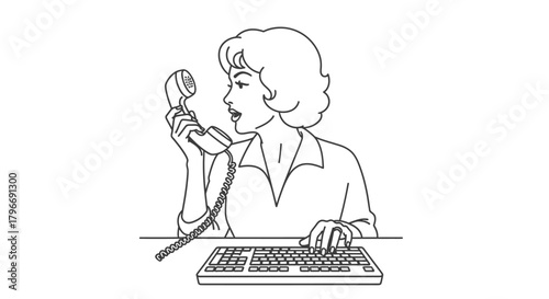 Vintage line art illustration of a woman talking on a telephone while typing on a keyboard.