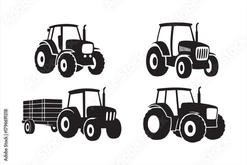 Agricultural tractor icon set with heavy machinery and farm equipment silhouettes