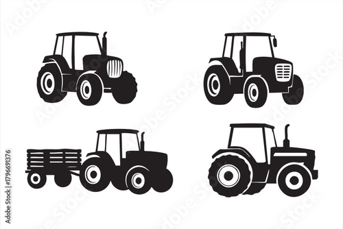 Farming vehicle vector pack featuring tractors with large wheels and trailer attachments