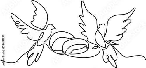 Wedding, Doves, Love, Marriage, Continuous Line Art -Two Doves and Wedding Rings in Continuous Line Art
