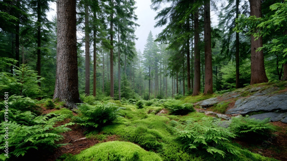 Obraz premium Tranquil green forest floor with moss and ferns