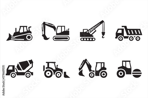 Heavy construction machinery icon pack with excavators, cranes, bulldozers, and trucks