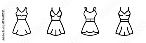 Four cute mini dress icons with spaghetti straps and flared skirts perfect for fashion design
