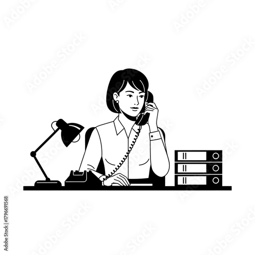 Woman Talking on Telephone at Desk with Files and Lamp.