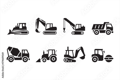 Industrial equipment vector set featuring diggers, loaders, rollers, and cement mixers