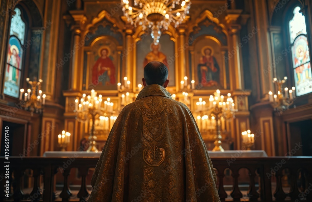 Naklejka premium Orthodox priest stands at ornate church altar. Performs sacred liturgy ceremony inside grand temple. Many candles light up holy icons, gilded interior. Spiritual event shows ancient Christian