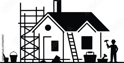 Black and white illustration of house construction with scaffolding ladder and worker building renovation
