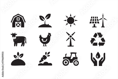 Farm and renewable resource icons ideal for eco-friendly branding and infographics