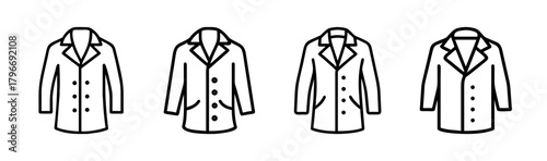 Four identical line art drawings of a double-breasted peacoat displayed horizontally