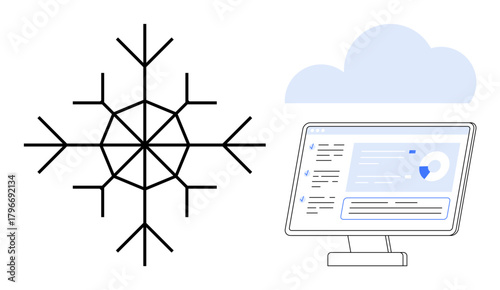 Large snowflake next to a monitor displaying data analytics and a cloud. Ideal for technology, cloud computing, data management, monitoring, analysis, weather forecasting, sustainability. Simple flat
