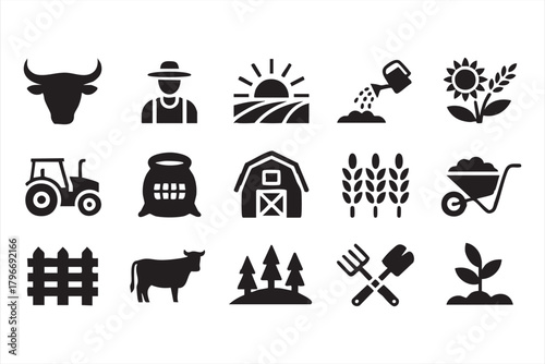 Black and white agriculture vectors including barn, cow, plants, and equipment