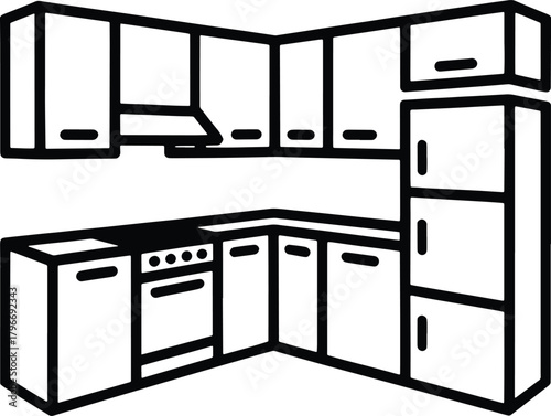 Black and white line art illustration of a corner kitchen unit with appliances corner unit cabinets