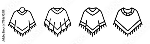 Four decorative poncho designs featuring fringe and unique collar styles