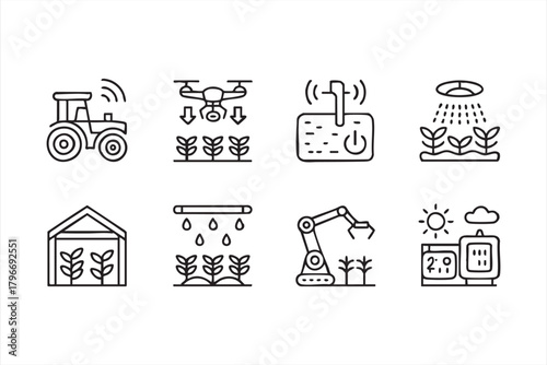 Modern agtech symbols showing drones, robotics, and climate-controlled farming