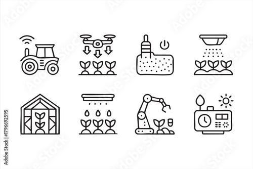 Smart farm monitoring and crop management outline icon set