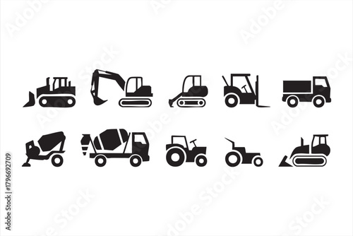 Heavy construction machinery silhouette icons for industrial and building projects