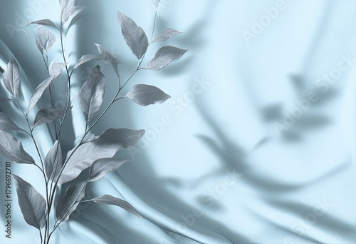 Silvery branch with leaves on a soft, draped, blue fabric background
