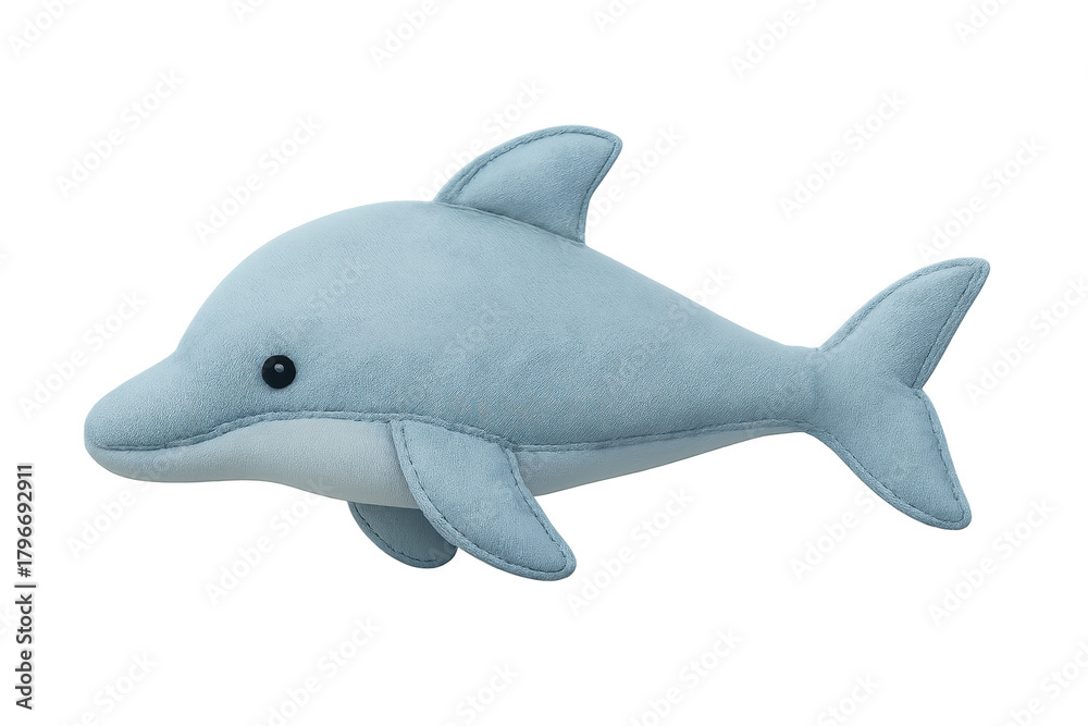 Fototapeta premium Soft blue dolphin plush toy with stitched features and fins