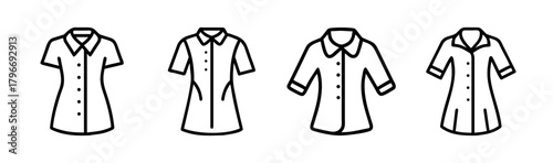 Collection of four hand drawn shirt dresses with different collar styles and sleeve lengths