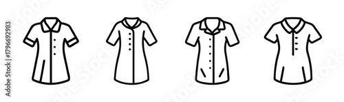Four variations of short-sleeve button-down shirt dresses in sketchy style