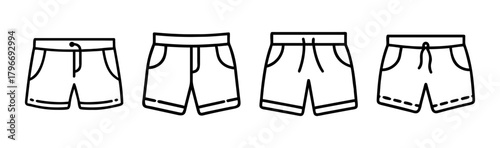 Collection of four hand-drawn shorts styles showing different pocket and waist details for fashion design