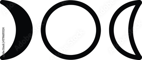 Black crescent moon and full moon symbols on white background phases of the moon celestial