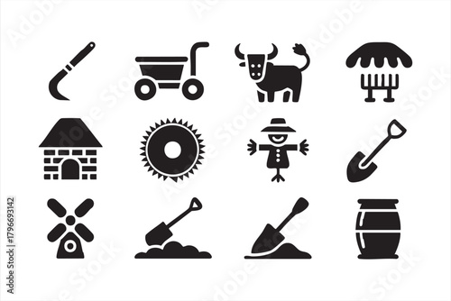 Farming tools and rural life silhouette icon set for agriculture design