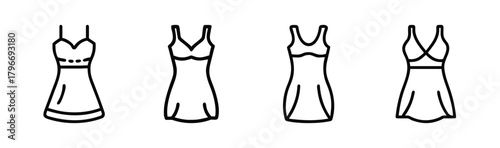 Collection of four simple line art drawings of women's slip dresses and lingerie styles