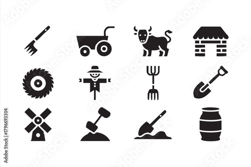 Black silhouette agriculture icons for countryside and harvest themes