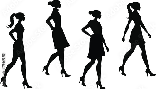 Set of walking woman silhouettes diverse poses in dresses and heels vector illustration for fashion and lifestyle designs
