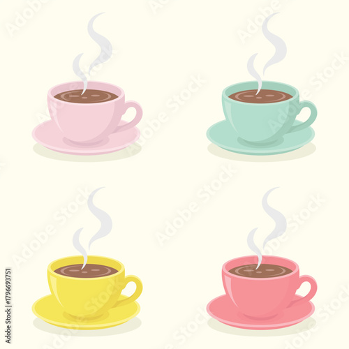 Set of different colours tea cups with hot tea. Teatime vector illustration.