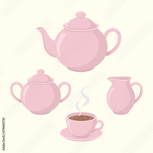 Set of tea and coffee utensils. Teapot, tea cup with saucer, milk jug and sugar bowl. Teatime vector illustration.