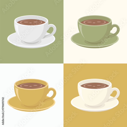 Set of tea cups on different colours backgrounds. Teatime vector illustration.