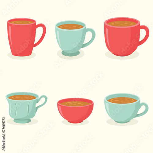 Set of different shapes mugs. Teatime vector illustration.