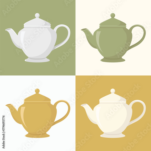 Set of teapots on different colours backgrounds. Teatime vector illustration.