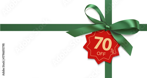Wallpaper Mural Decorative horizontal green ribbon with bow and price tag for Christmas sale design. Vector decoration and discount label isolated on white. Vector stock illustration. Not AI	 Torontodigital.ca