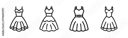 Four hand-drawn line art dresses with flared skirts and straps