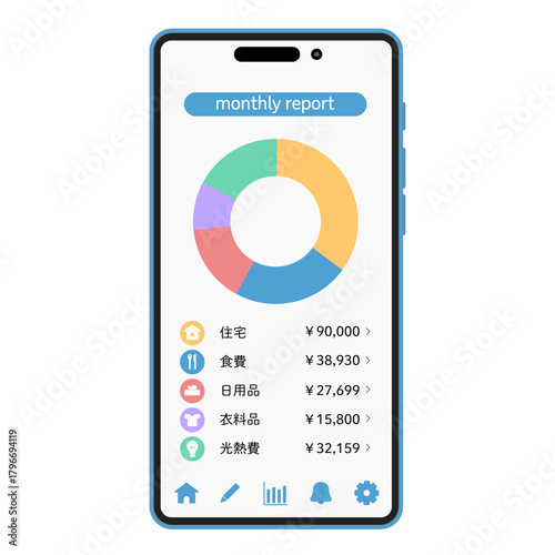 家計簿アプリのデータ画面風イラスト
