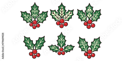 Folk Art Holly Berries Set with Decorative Leaf Patterns for Christmas, High-Res Vector on White Background
